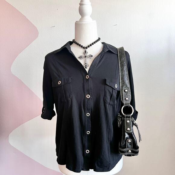 Black Button Up Top, Y2K‎ Retro Indie Sleaze Minimalist Gothic Grunge Large - Picture 1 of 5